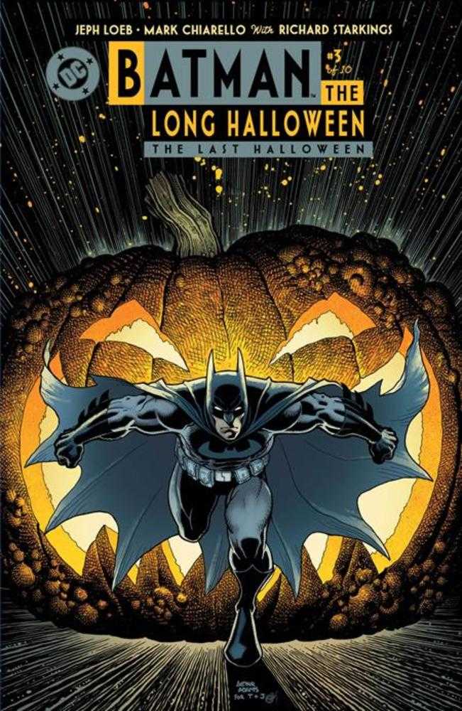 Comic book cover featuring Batman leaping from a jack-o'-lantern.