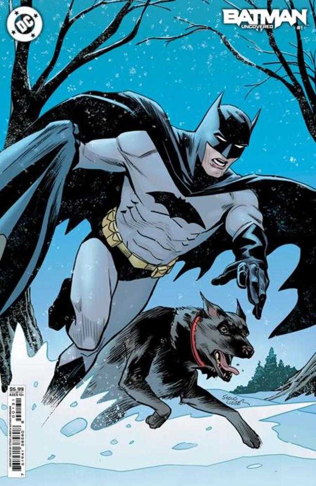 Comic book cover art showing Batman and a dog running through a snowy landscape. Batman wears his classic gray and black suit with a yellow utility belt. The dog, possibly a German Shepherd or Doberman, has a red collar. Bare trees and a light blue sky are in the background.