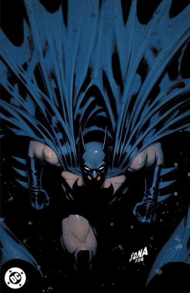 A close-up illustration of Batman, in a crouched position, with his cape fully extended. The artwork features predominantly blue and black colors.