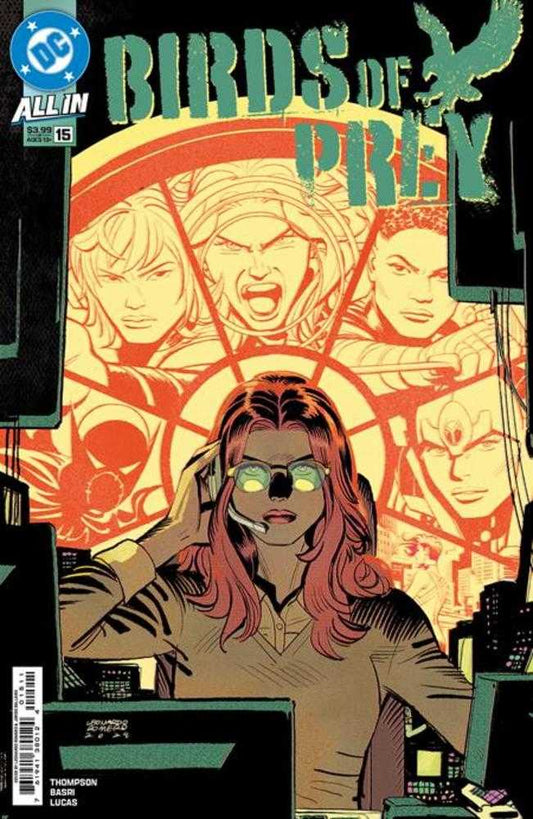Comic book cover: Birds of Prey, issue 15. A woman with red hair and glasses wearing a headset sits at a computer. Behind her are images of four women, with "Birds of Prey" text above.