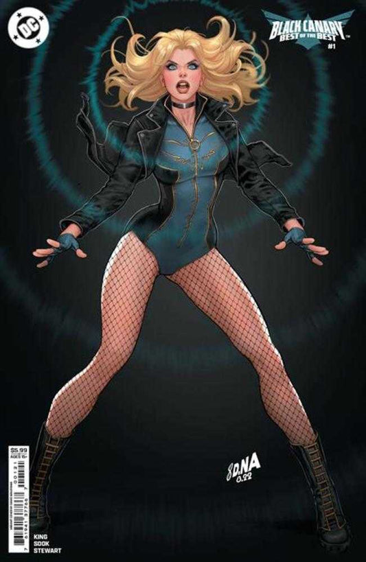 Comic book cover featuring Black Canary in a blue bodysuit, black jacket, fishnet stockings, and boots. She stands with arms outstretched against a dark background with swirling blue energy.