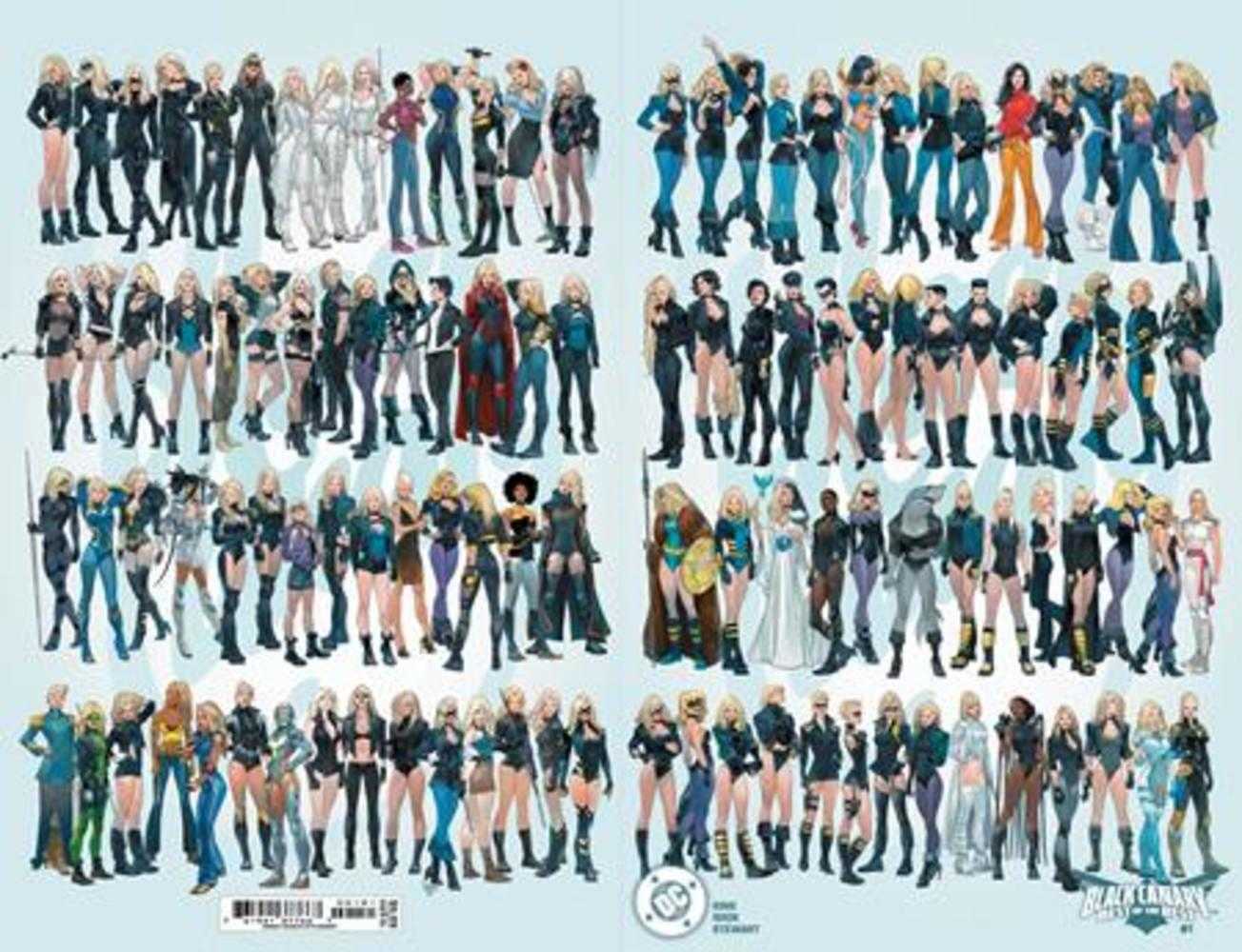 Comic book cover with various versions of Black Canary. The characters are predominantly blonde and wear black and blue outfits. There are some wearing other colors, such as silver, red, and white. The characters all stand in rows on a blue background.