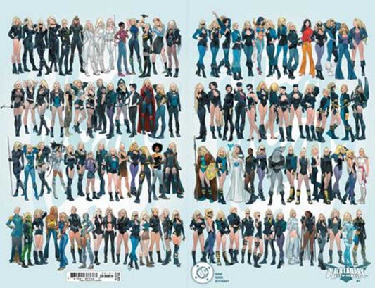 Comic book cover with various versions of Black Canary. The characters are predominantly blonde and wear black and blue outfits. There are some wearing other colors, such as silver, red, and white. The characters all stand in rows on a blue background.