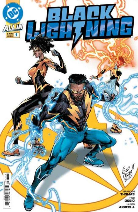 Comic book cover features the character Black Lightning in the foreground, kneeling and surrounded by blue lightning. Behind him are two other characters: a woman in a black and gold suit on the left, and another woman engulfed in orange flames on the right. The backdrop is a large yellow circular design, and the title "BLACK LIGHTNING" is prominently displayed above the characters. The cover also includes the DC Comics logo and issue number.