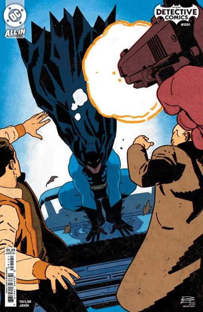 Comic book cover featuring Batman crouched down between two men with a gun firing.