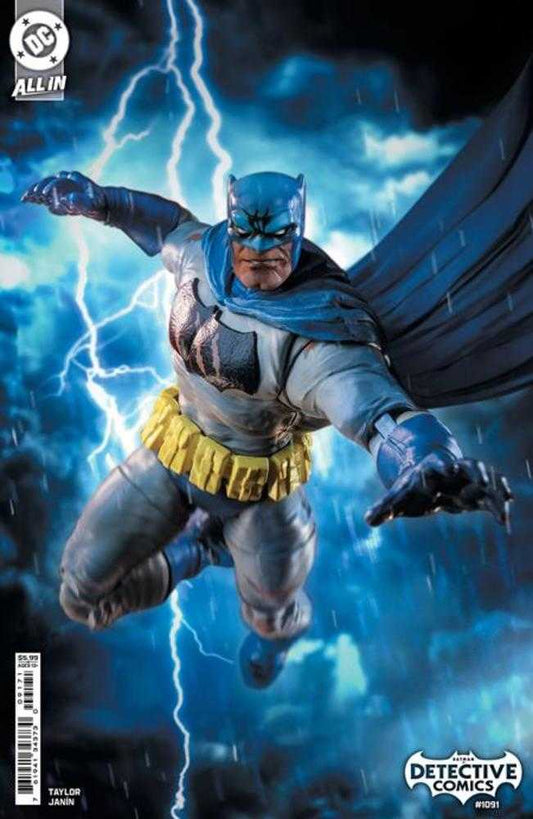 Batman in a blue and gray costume leaps through a stormy sky.