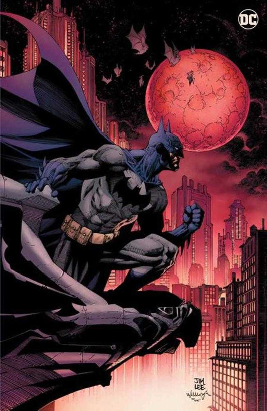 Batman perched on a gargoyle against a Gotham City skyline with a blood-red moon.