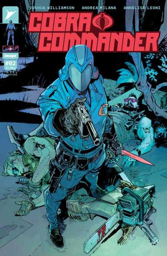 Comic book cover: Cobra Commander standing with pistol, dead bodies, chainsaw.