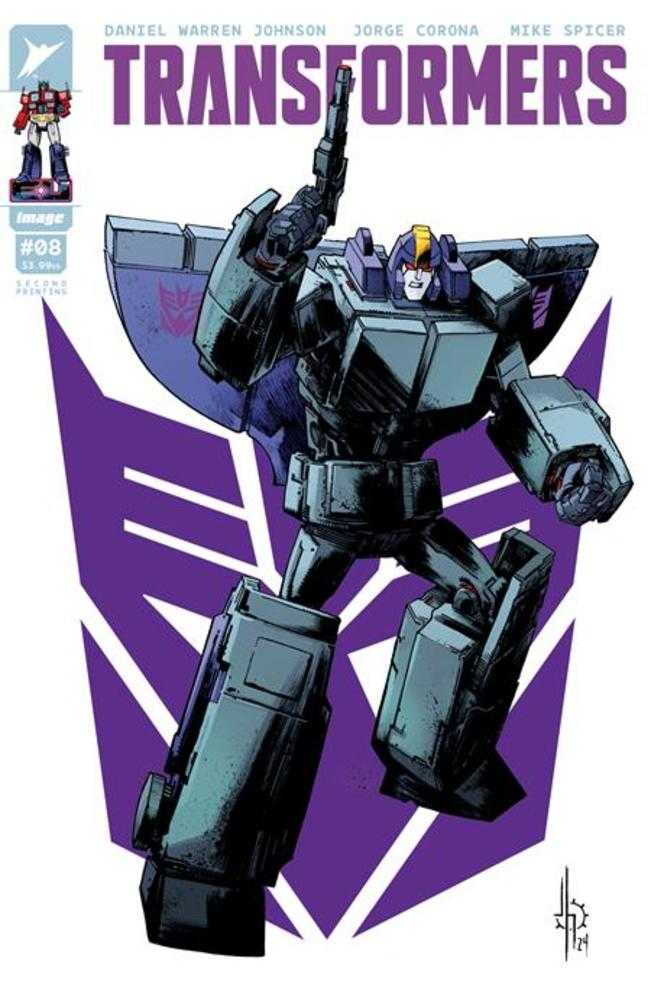 Comic book cover featuring a Decepticon robot holding a gun, set against a purple Decepticon logo.