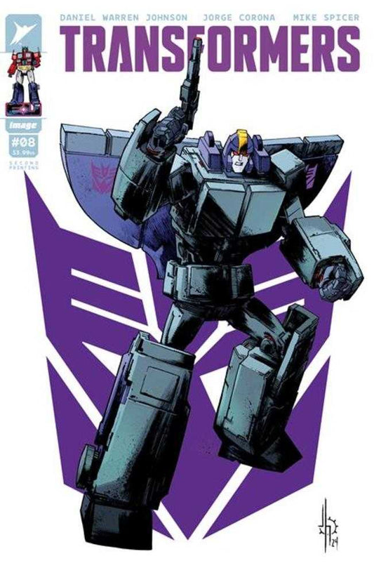 Comic book cover featuring a Decepticon robot holding a gun, set against a purple Decepticon logo.