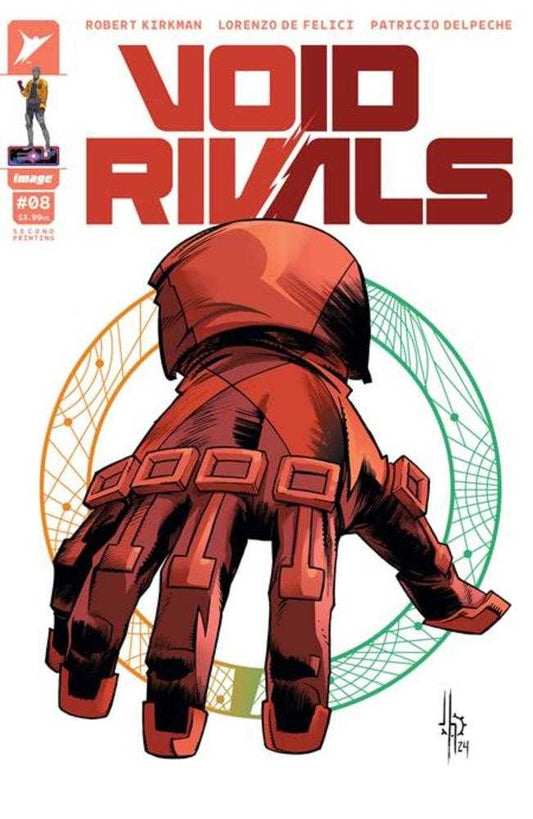 Comic book cover with red robotic hand and headgear.
