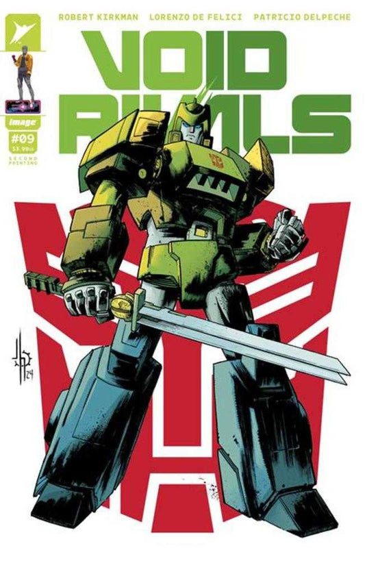 Comic book cover featuring a green and black robot holding a sword.