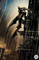 Comic book art depicting Batman perched atop a gargoyle in the rain.