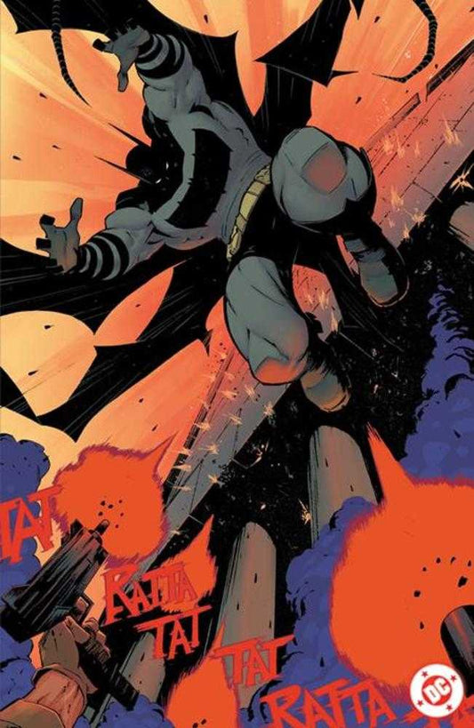 Comic image: Batman leaping into action amidst gunfire and orange and blue smoke.
