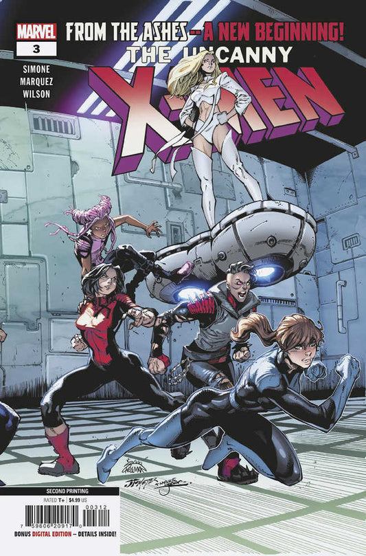 Comic book cover with Emma Frost standing on a floating device above other mutants, all in action poses in a gray, industrial setting.