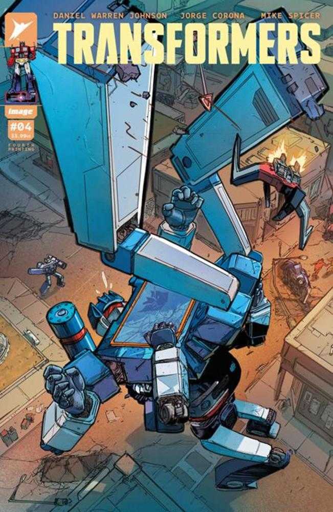 Comic book cover: Transformers, with a blue Transformer robot in the center of a city.