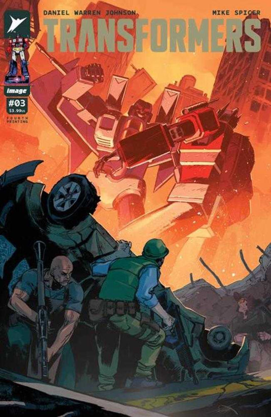 Comic book cover featuring Transformers and soldiers.