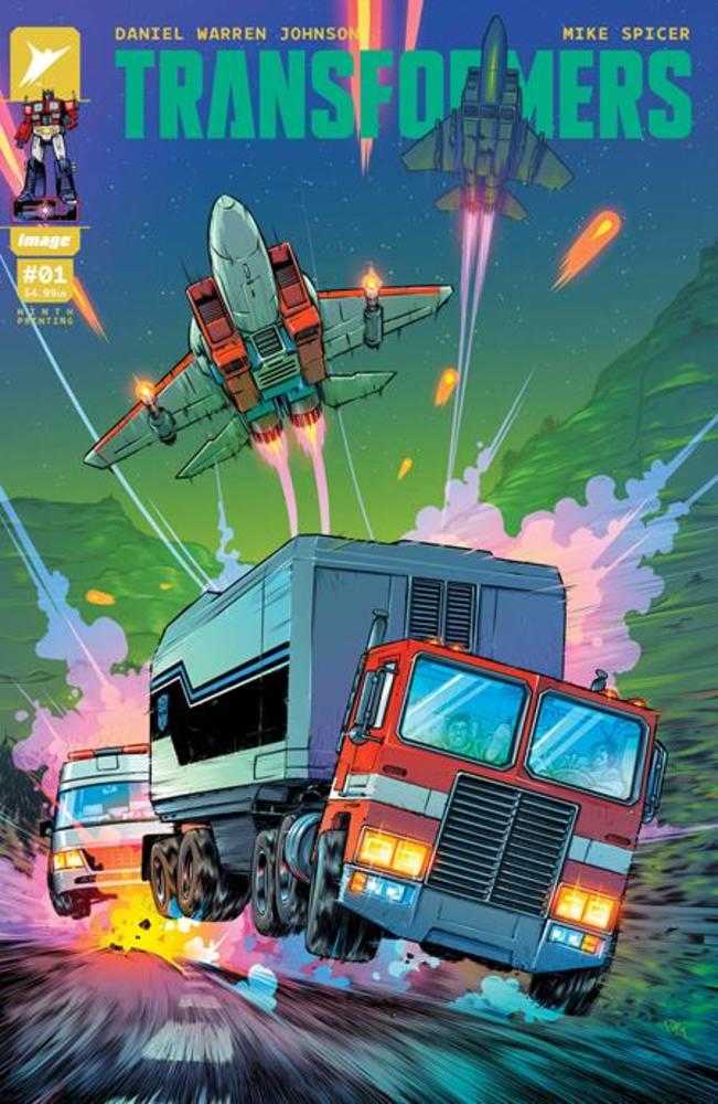 Comic book cover with Optimus Prime in truck form and two jet Transformers in the sky.