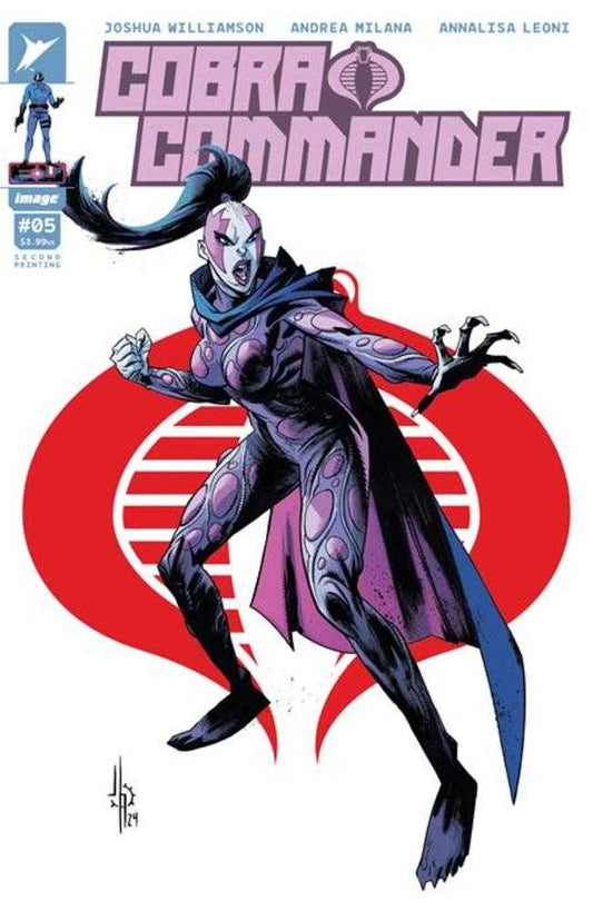 Comic book cover featuring Cobra Commander in a purple and pink suit, posing in front of a red Cobra logo.