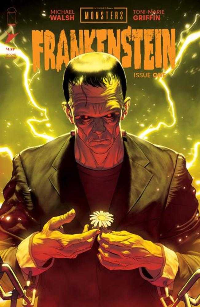 Comic book cover featuring Frankenstein holding a daisy. 
