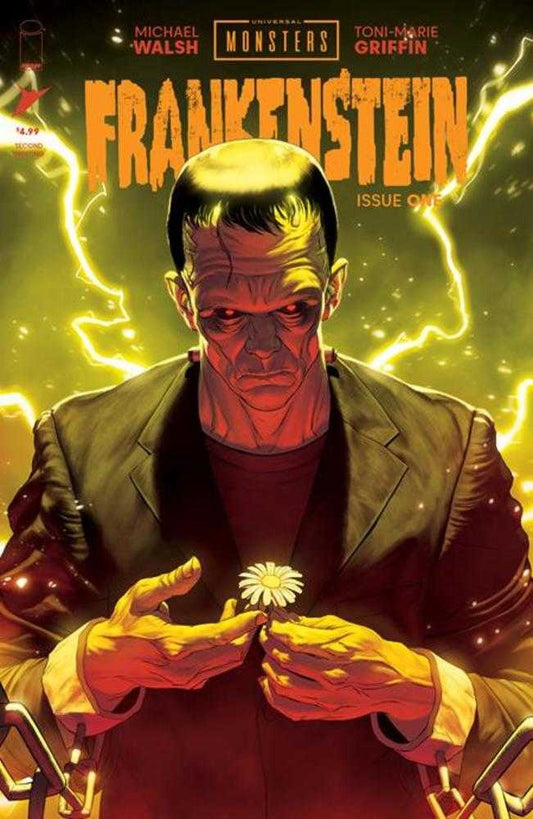 Comic book cover featuring Frankenstein holding a daisy. 
