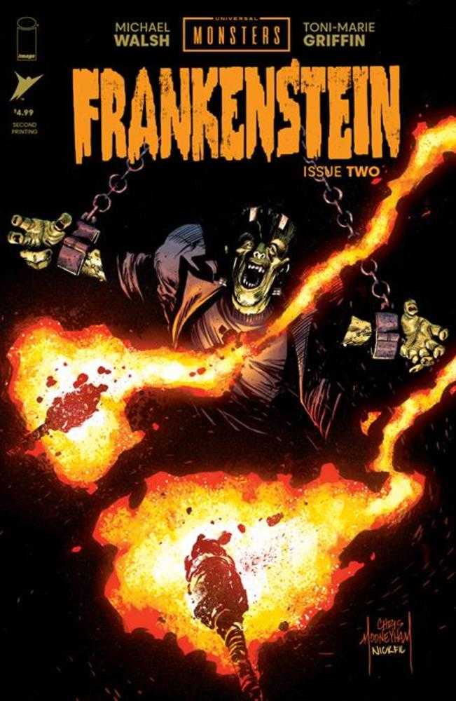 Comic book cover of "Frankenstein Issue Two" with the monster figure chained and surrounded by orange flames.