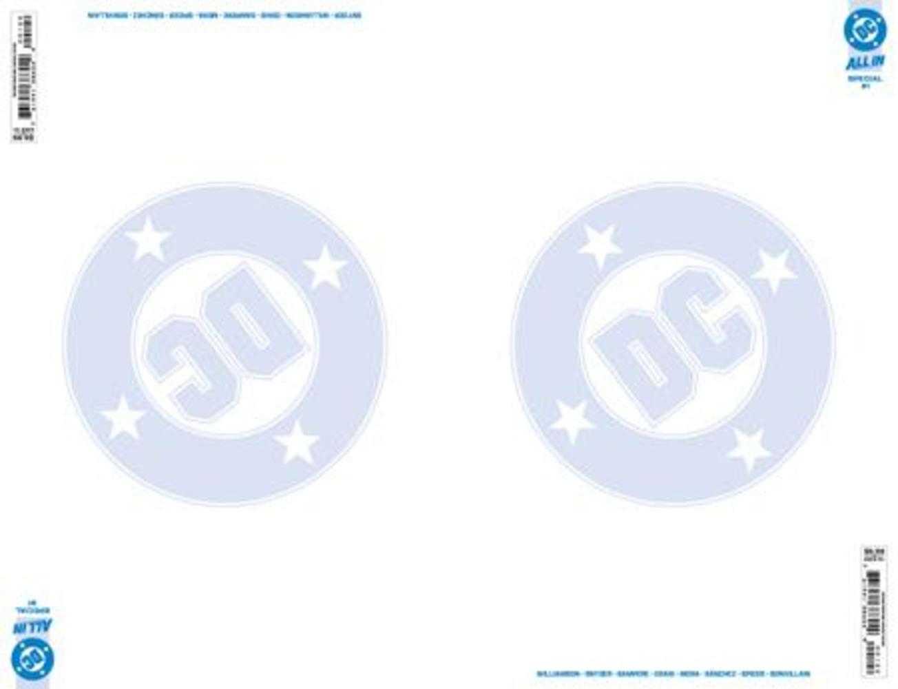 White DC comic book cover with two light blue "DC" star logos.