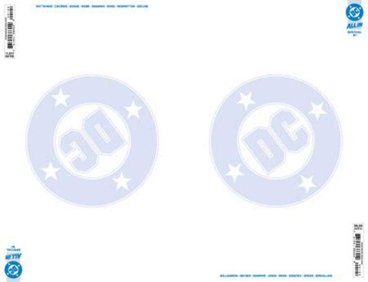 White DC comic book cover with two light blue "DC" star logos.