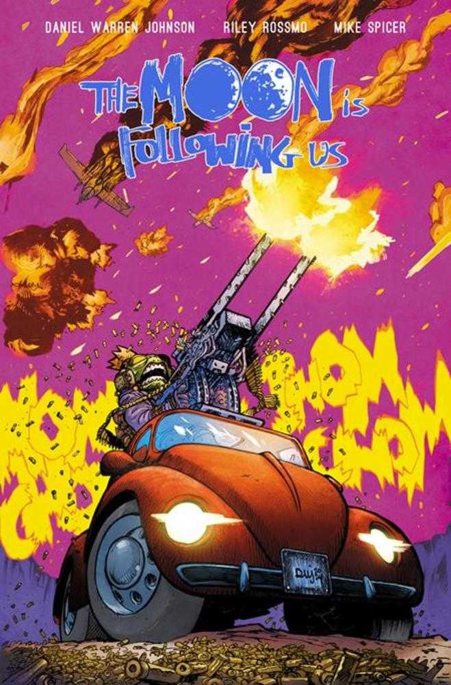 Comic book cover featuring a red Volkswagen Beetle equipped with a large gun shooting at planes in a purple sky, driven by a monster-like character.