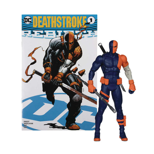 Action figure of Deathstroke, inspired by the comic book: blue and orange suit, dual swords.