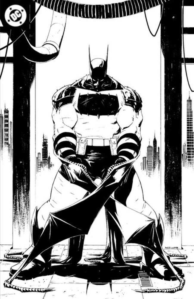 Black and white comic art of a muscular Batman standing with a cityscape in the background.