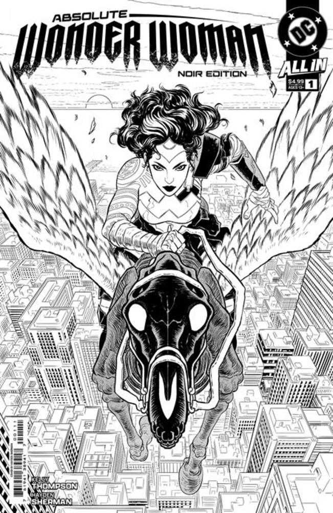 Black and white comic book cover featuring Wonder Woman riding a winged horse above a city.