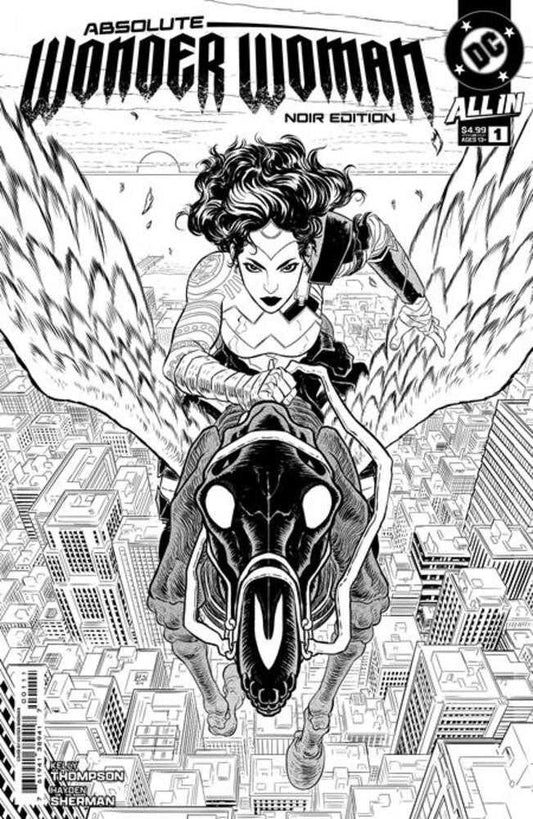Black and white comic book cover featuring Wonder Woman riding a winged horse above a city.