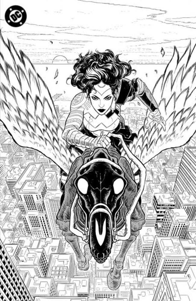 A black and white comic illustration features Wonder Woman riding a winged horse above a cityscape.