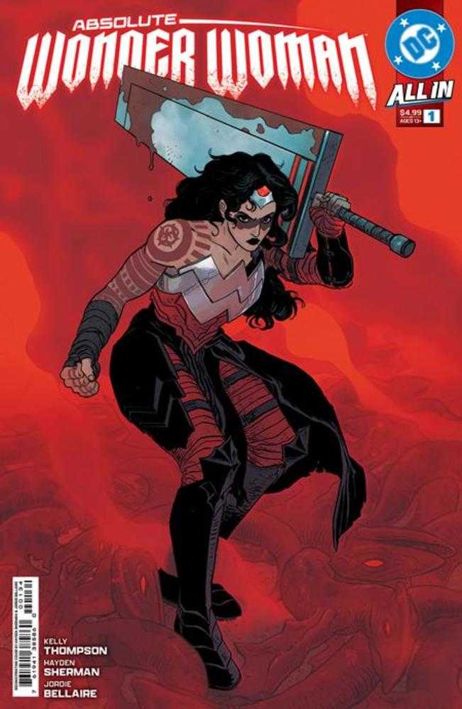 Comic book cover featuring Wonder Woman in a striking pose with a large sword. She is clad in a unique, armored costume with red, silver, and black elements, adorned with tattoos. The background is a deep red hue with faint details. The comic's title, "Absolute Wonder Woman," is prominently displayed above.