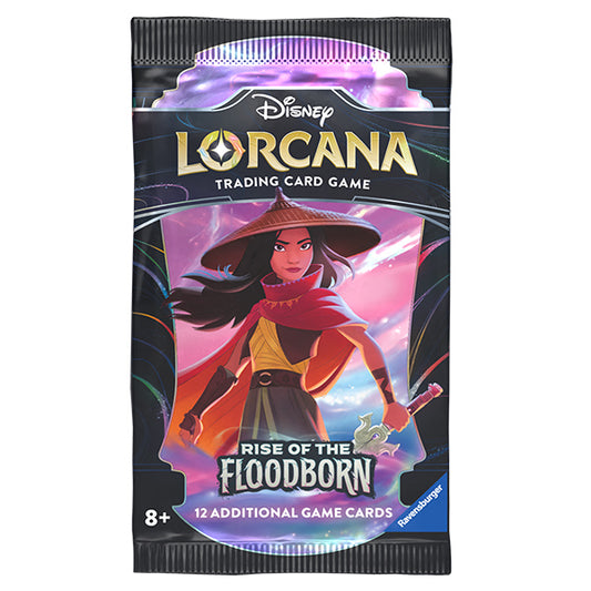 Card pack of Disney Lorcana Rise of the Floodborn trading card game featuring the character Raya.