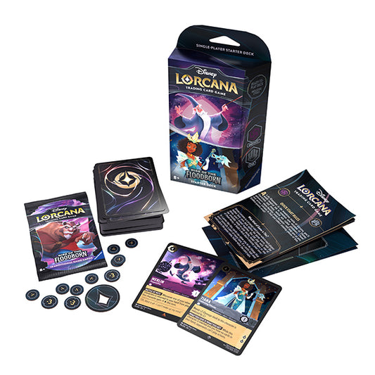 "Disney Lorcana Rise of the Floodborn" trading card game starter deck with cards, coins, and packaging.