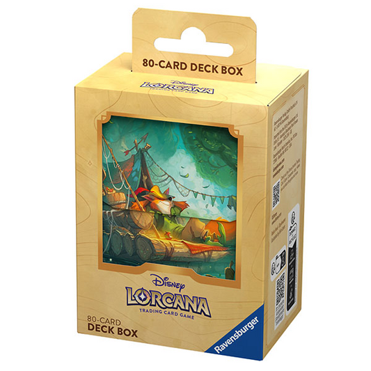 A box of Disney Lorcana trading cards featuring an image of a character on a raft.
