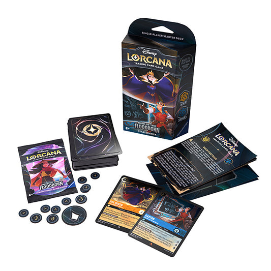 Product image of Disney's Lorcana Trading Card Game: Rise of the Floodborn Starter Deck, featuring box, card pack, game cards, and tokens.