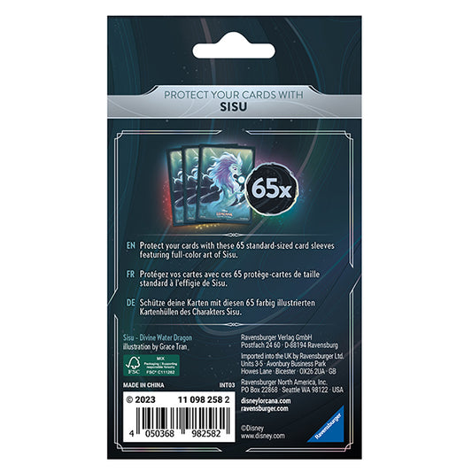 Back of a package of Sisu card sleeves, featuring the image of the character and product information.