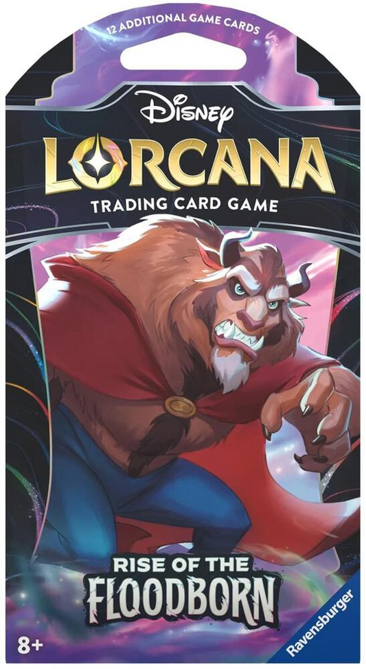A pack of Disney Lorcana trading cards featuring Beast on the front, with "Rise of the Floodborn" printed at the bottom.