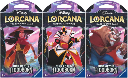 Here are three Disney Lorcana "Rise of the Floodborn" trading card game booster packs. From left to right, the first one features Raya wearing a large-brimmed hat and holding a sword. The second features the Queen of Hearts holding a heart scepter. The third features Beast wearing a red cape.