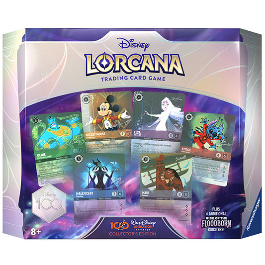 A boxed Disney Lorcana trading card game featuring Genie, Mickey Mouse, Elsa, Stitch, Maleficent, and Maui character cards.