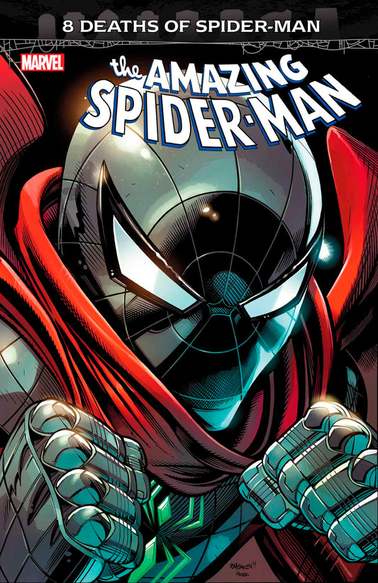 Close-up comic book cover featuring Spider-Man in gray and black suit with glowing eyes, fists clenched, red cape, and "The Amazing Spider-Man" title.