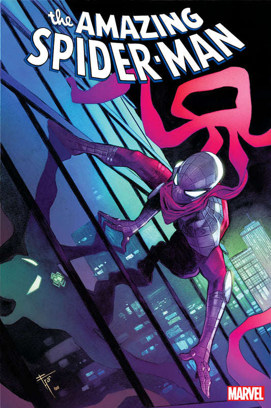 Spider-Man clinging to skyscraper, purple suit and cape, comic book cover.