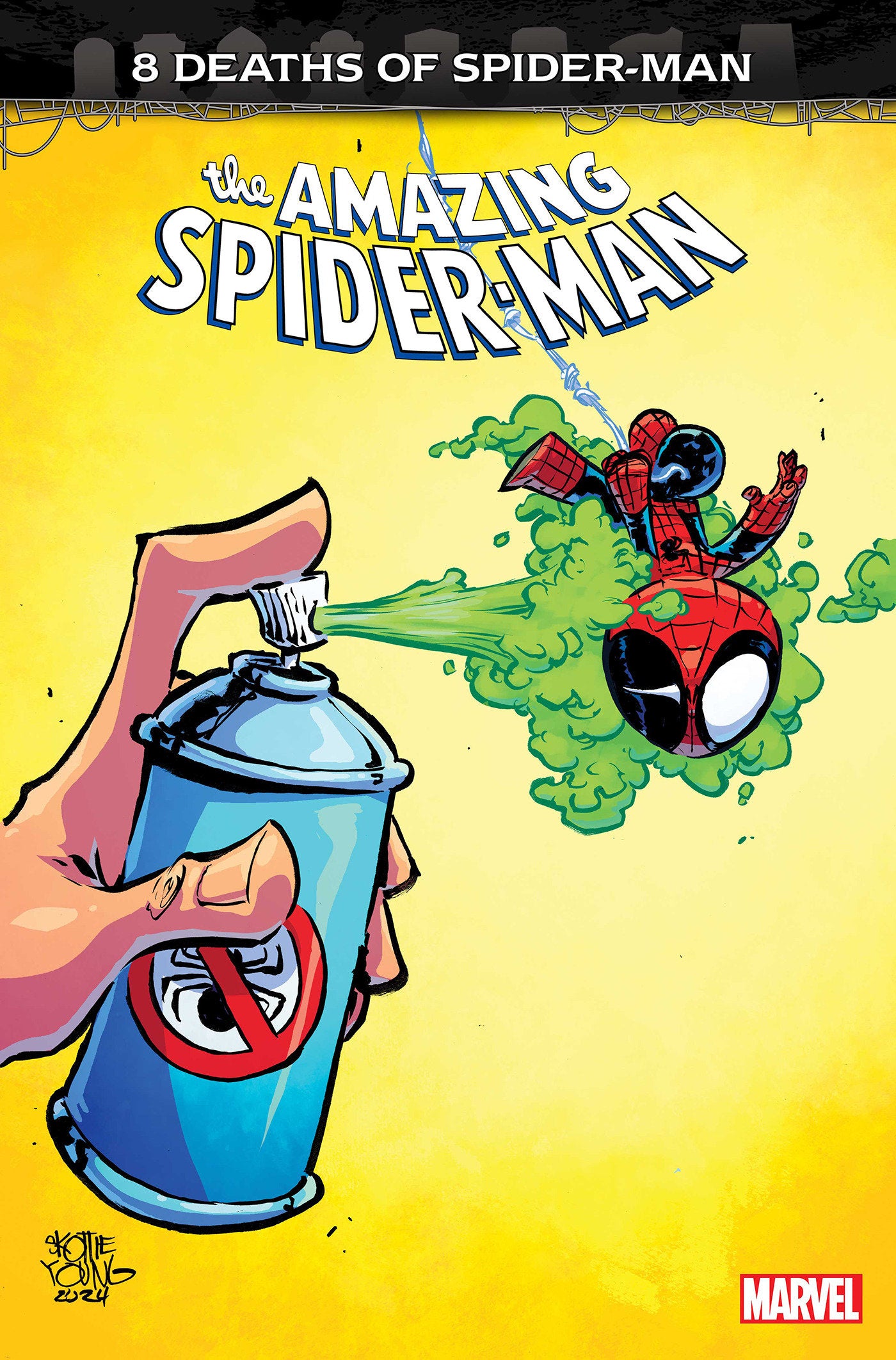 Comic book cover featuring a spray can and Spider-Man.