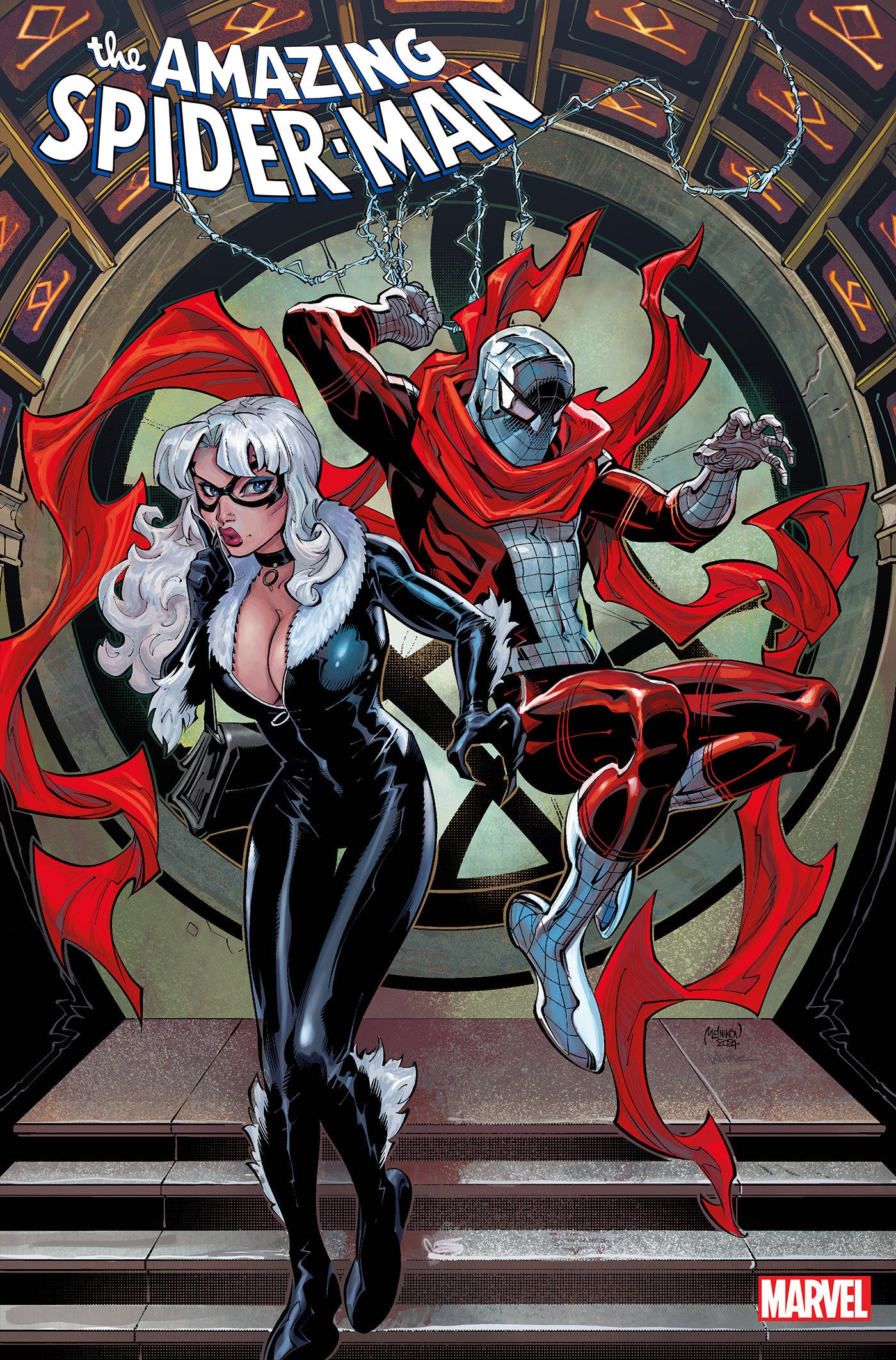 Comic book cover featuring Black Cat and Spider-Man dressed in red and silver.