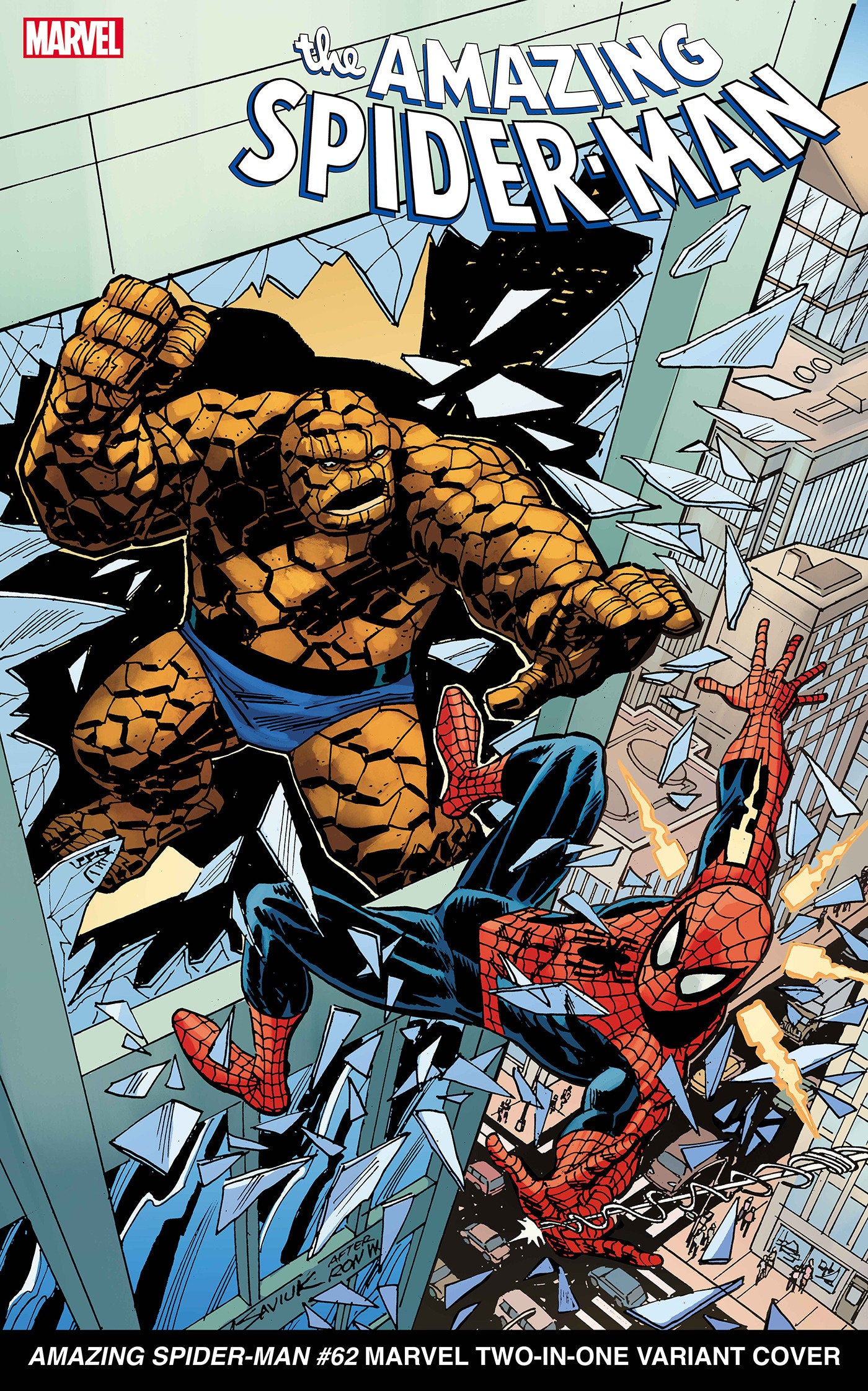 Comic book cover featuring Spiderman and The Thing falling through a window.