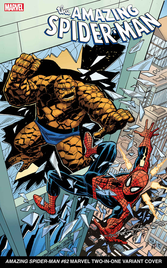 Comic book cover featuring Spiderman and The Thing falling through a window.