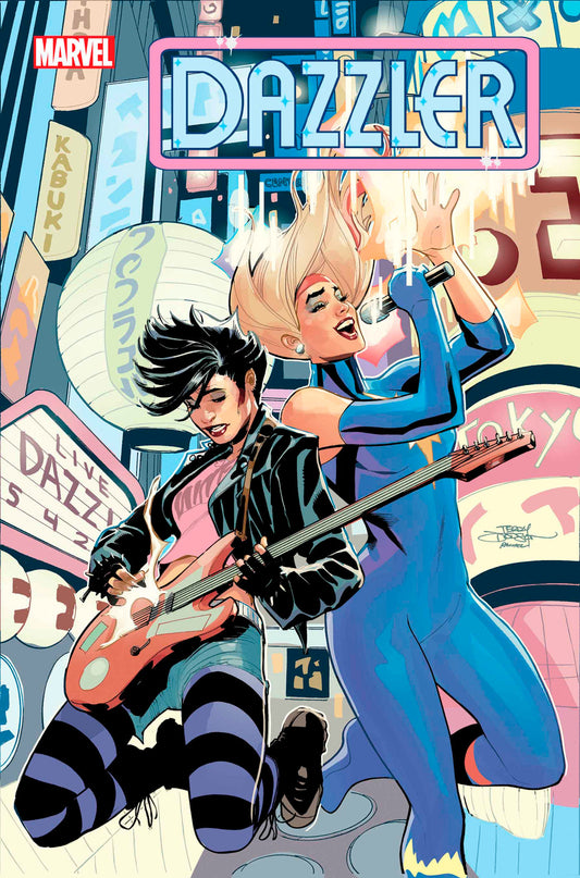 Comic book cover featuring two musicians. One woman playing an electric guitar in a black jacket and striped pants, and another woman singing into a microphone while wearing a blue bodysuit. The title "Dazzler" is above them.